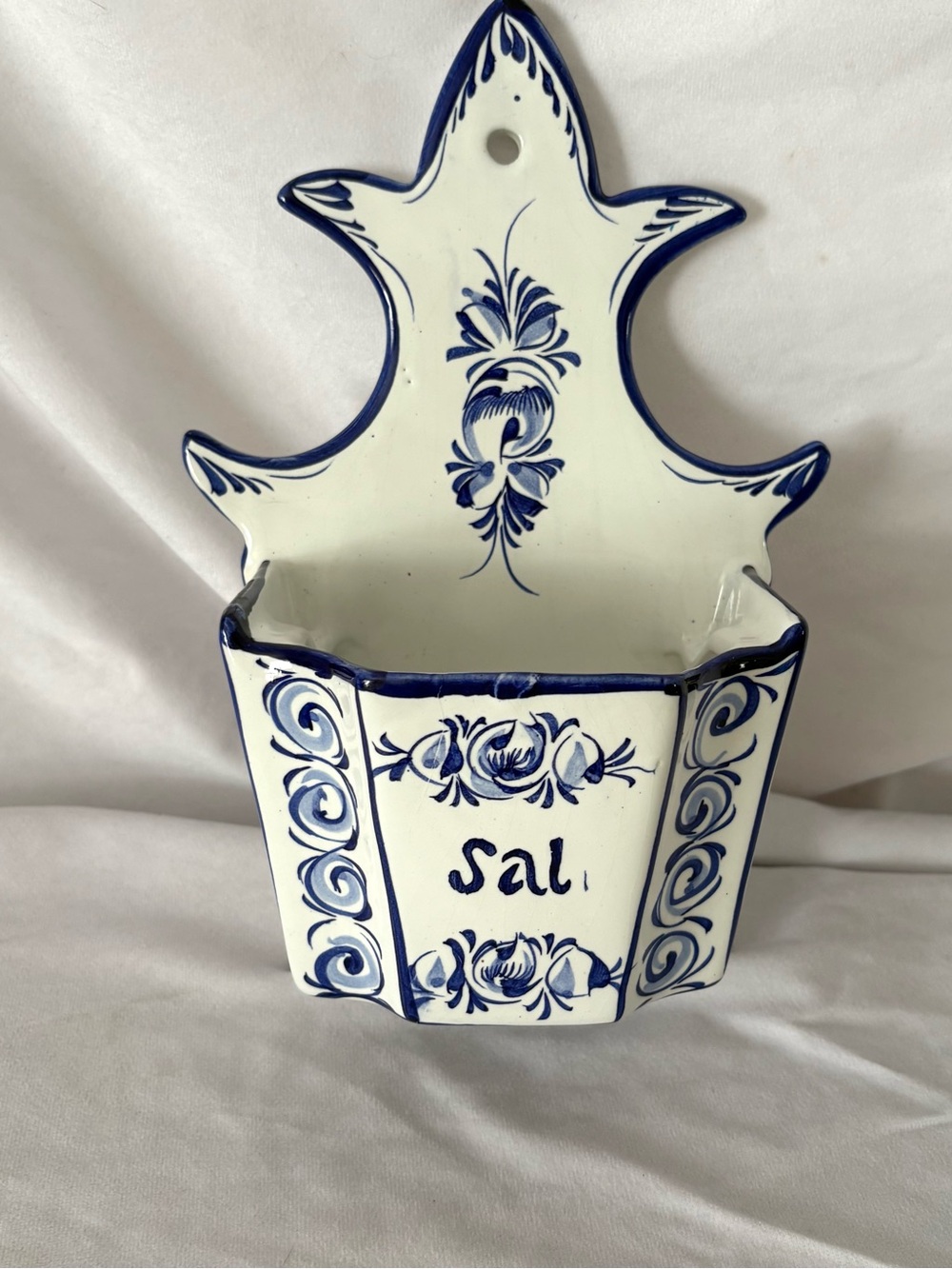 Vintage white blue ceramic salt cellar holder wall hanging Portugal home decor - Picture 2 of 7